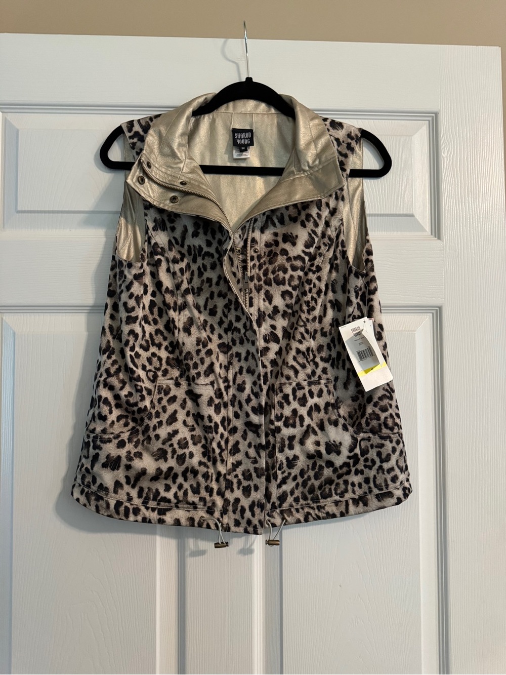 Sharon Young Reversible Leopard Print Vest with Metallic Gold Trim - Taupe/Black